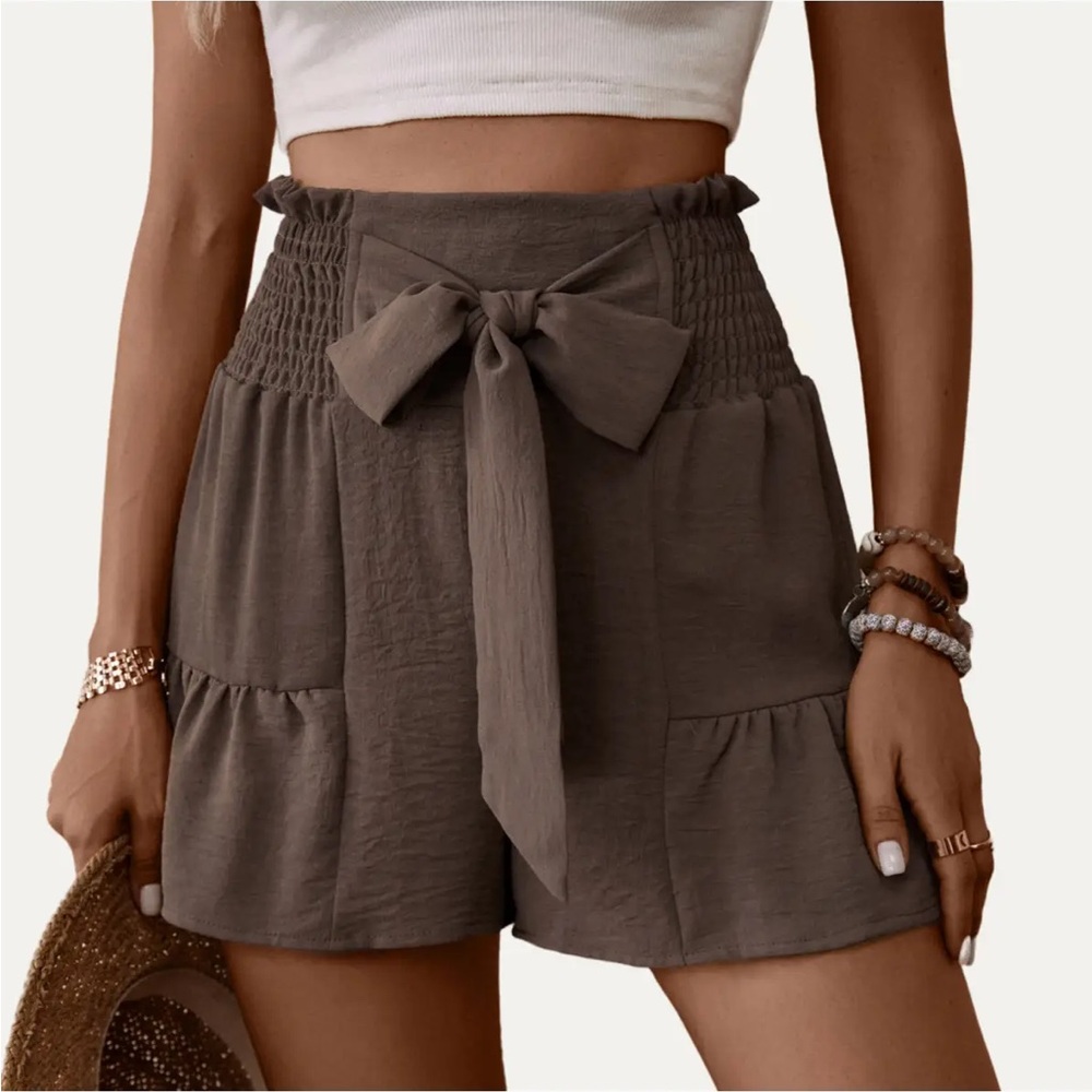 High Waist Smocked Tie-Front Shorts in Coffee